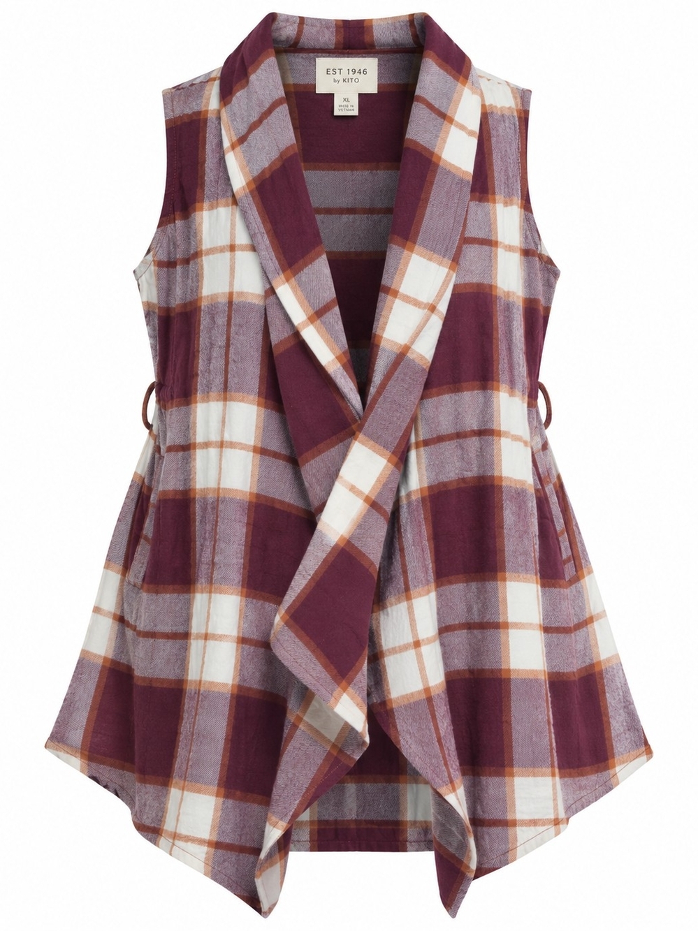 EST. 1946 CATO | Plaid Cotton Waterfall Open Front Vest Burgundy | XL